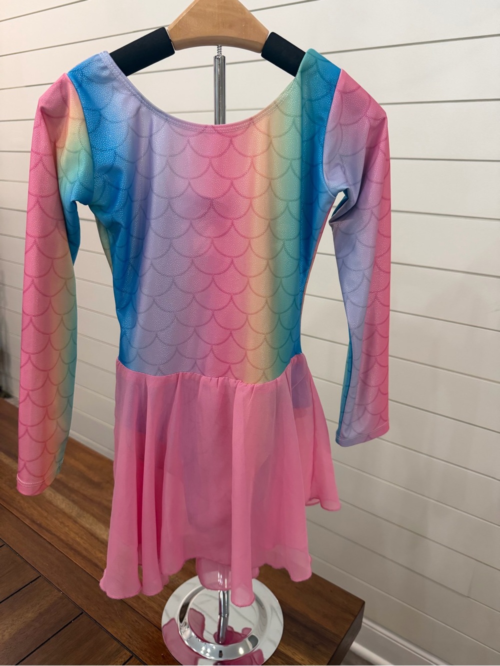 Girls Rainbow Mermaid-Scale Long Sleeve One-Piece Bodysuit - Pink